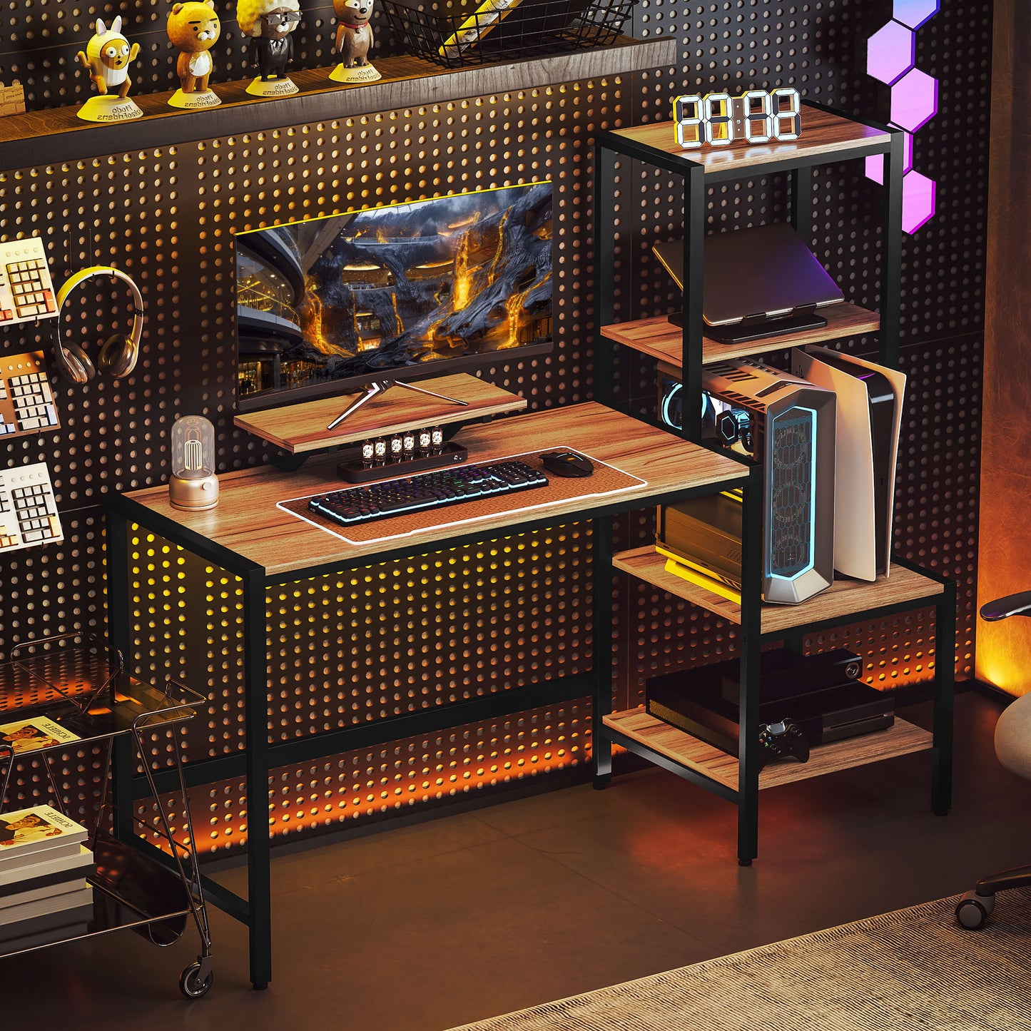 HOMCOM Computertisch mit Monitorständer, Schreibtisch mit 4-stufigem Regal, Industrielles Design, Braun