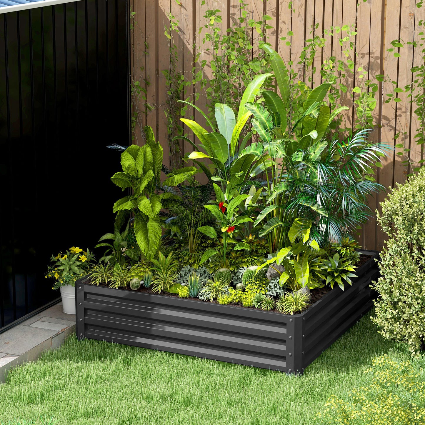 Outsunny Gartenbeet, Pflanzkasten mit Stahlgehäuse, Hellgrau, 120 x 120 x 30 cm