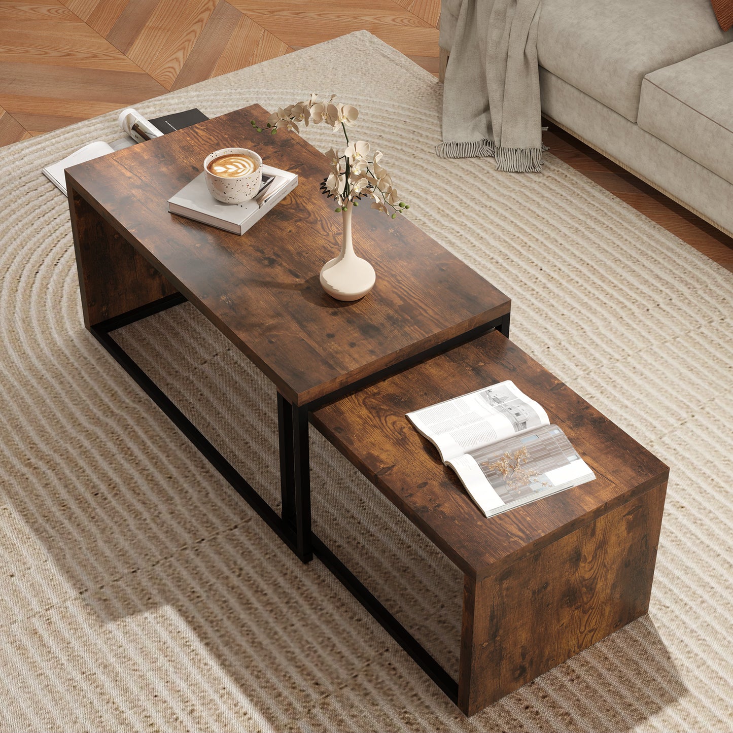 HOMCOM 2er-Set Couchtisch, Sofatisch, Beistelltisch, MDF, Metall, 90 x 48 x 42 cm/59 x 42 x 36 cm, Schwarz+Braun