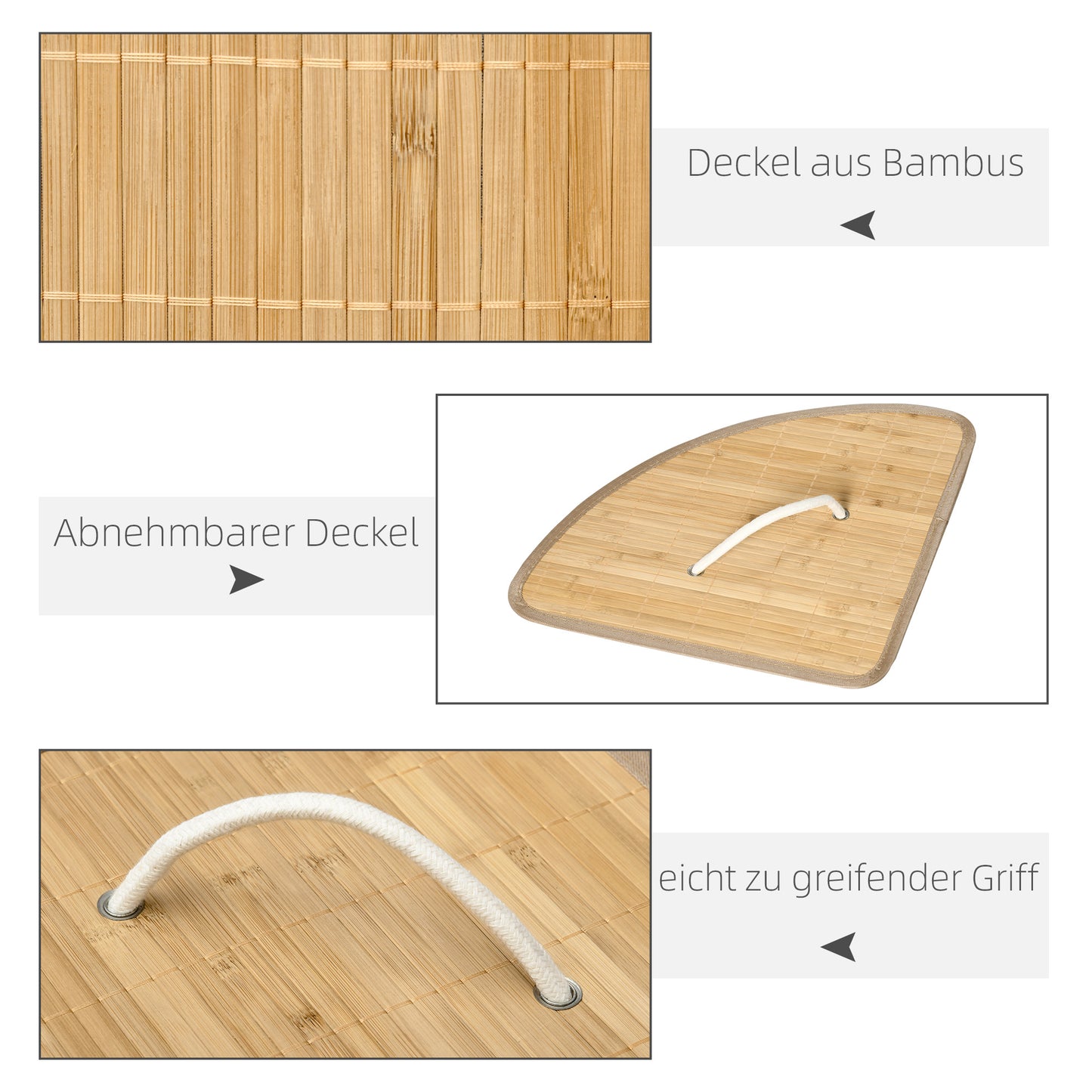 HOMCOM 55 L Wäschekorb mit Deckel, Griff, Wäschesortierer mit herausnehmbarem Wäschesack für Badezimmer, Bambus, Natur
