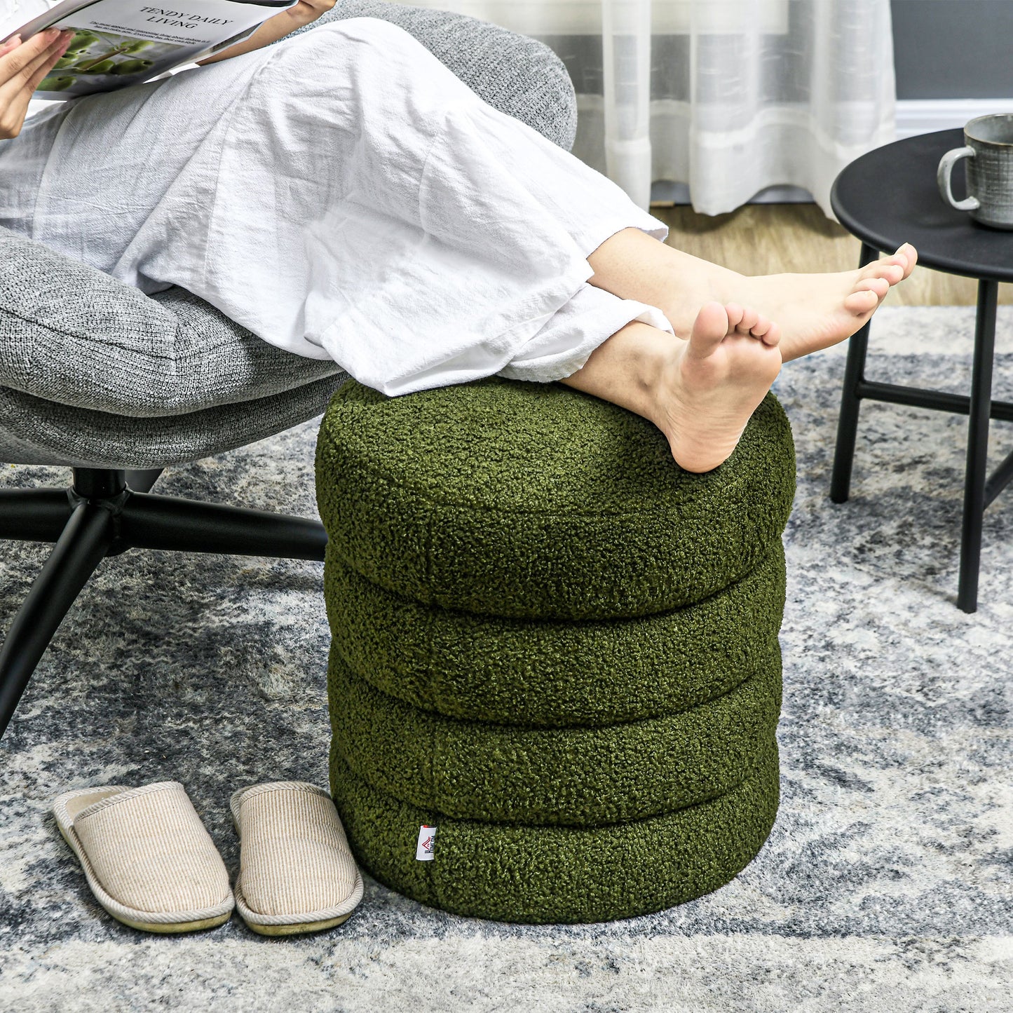 HOMCOM Hocker, rund, Teddyfleece, bis 120kg, Φ40x45H cm, Grün