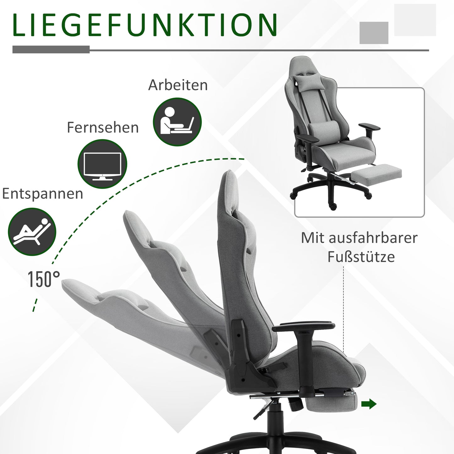 Vinsetto Bürostuhl Computerstuhl Drehstuhl mit abnehmbarem Kopf- und Lendenkissen Wippenfunktion ergonomischer Schreibtischstuhl drehbar höhenverstellbar mit Fußstütze PP Grau 73x57x127-135 cm