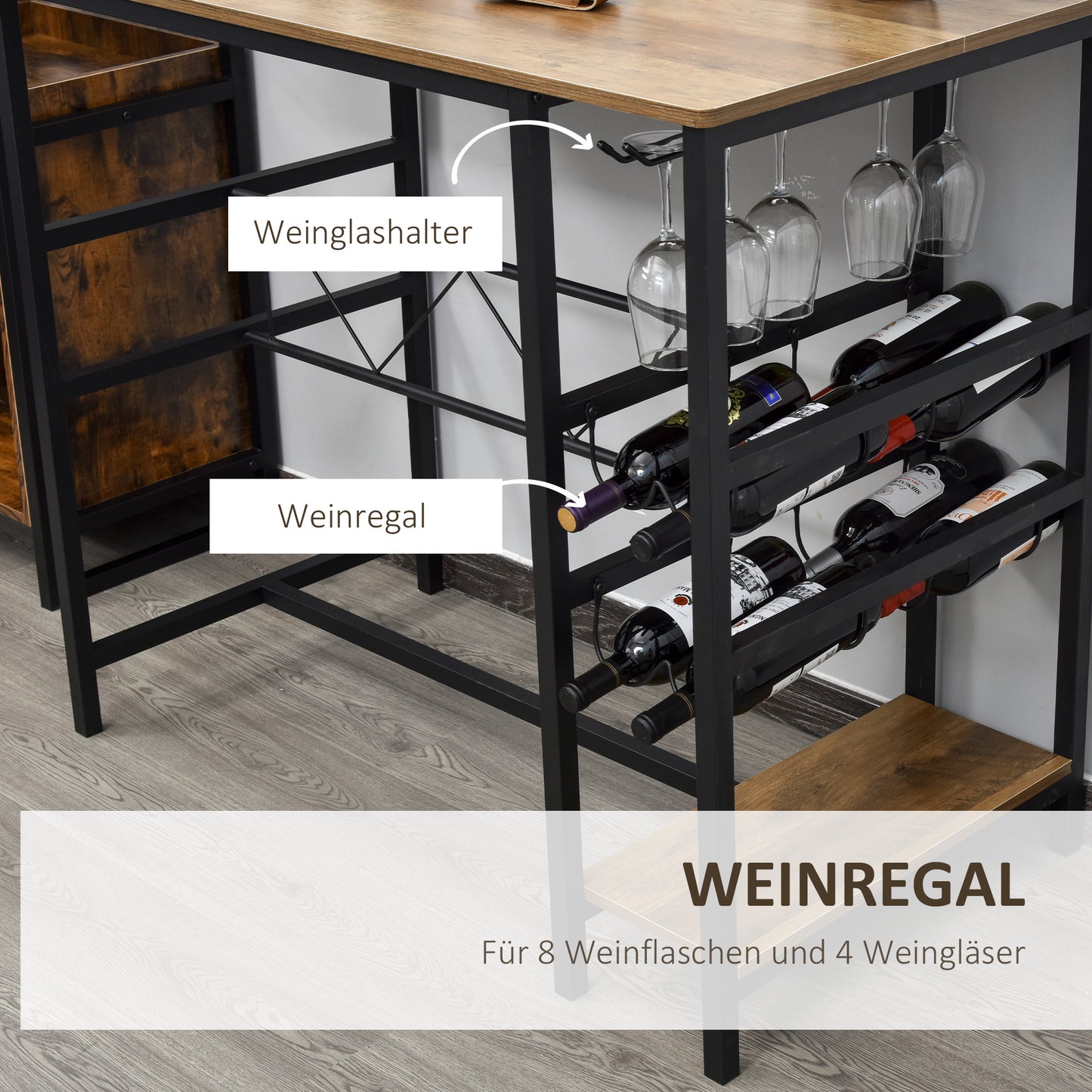 HOMCOM Bartisch-Set, Stehtisch mit 2 Barhockern, 3-teiliges Tischset Küchentresen mit Flaschenhalterung Spanplatte, Stahl, Natur+Schwarz, 108 x 60x 95H cm