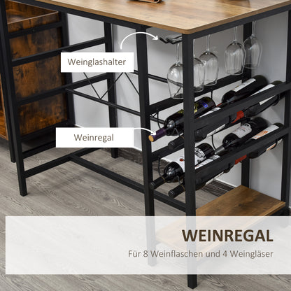 HOMCOM Bartisch-Set, Stehtisch mit 2 Barhockern, 3-teiliges Tischset Küchentresen mit Flaschenhalterung Spanplatte, Stahl, Natur+Schwarz, 108 x 60x 95H cm