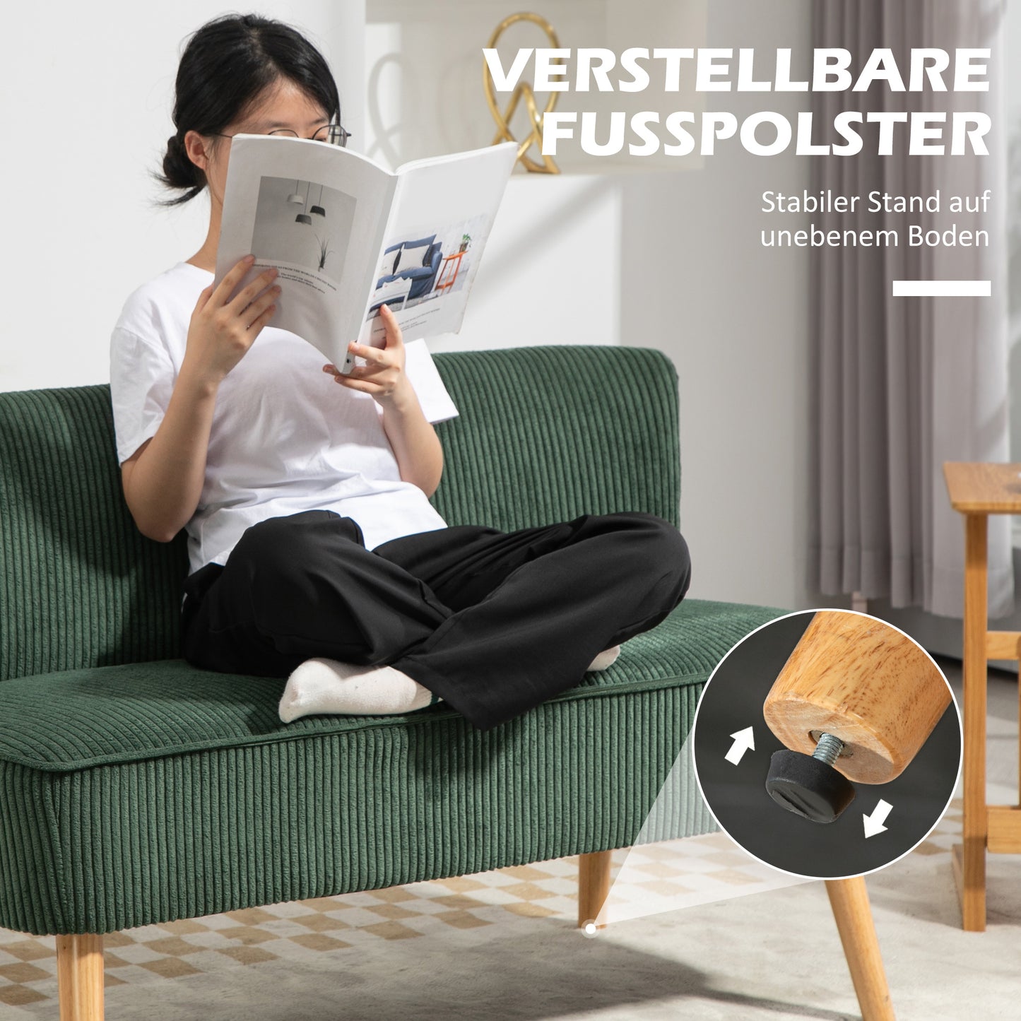 HOMCOM 2-Sitzer Polstersofa, Holz, Samtartiges Polyester, Schaumstoff, 117 x 56,5 x 77 cm, Grün