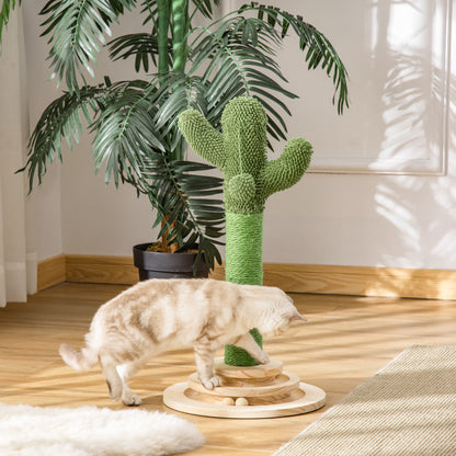 PawHut Katzen Kratzbaum Kaktus Katzenbaum Kiefernholz Sisal Seil Kratzstamm mit Holzkugel-Katzenspielzeug für Katzen 60 cm Hoch Grün+Natur