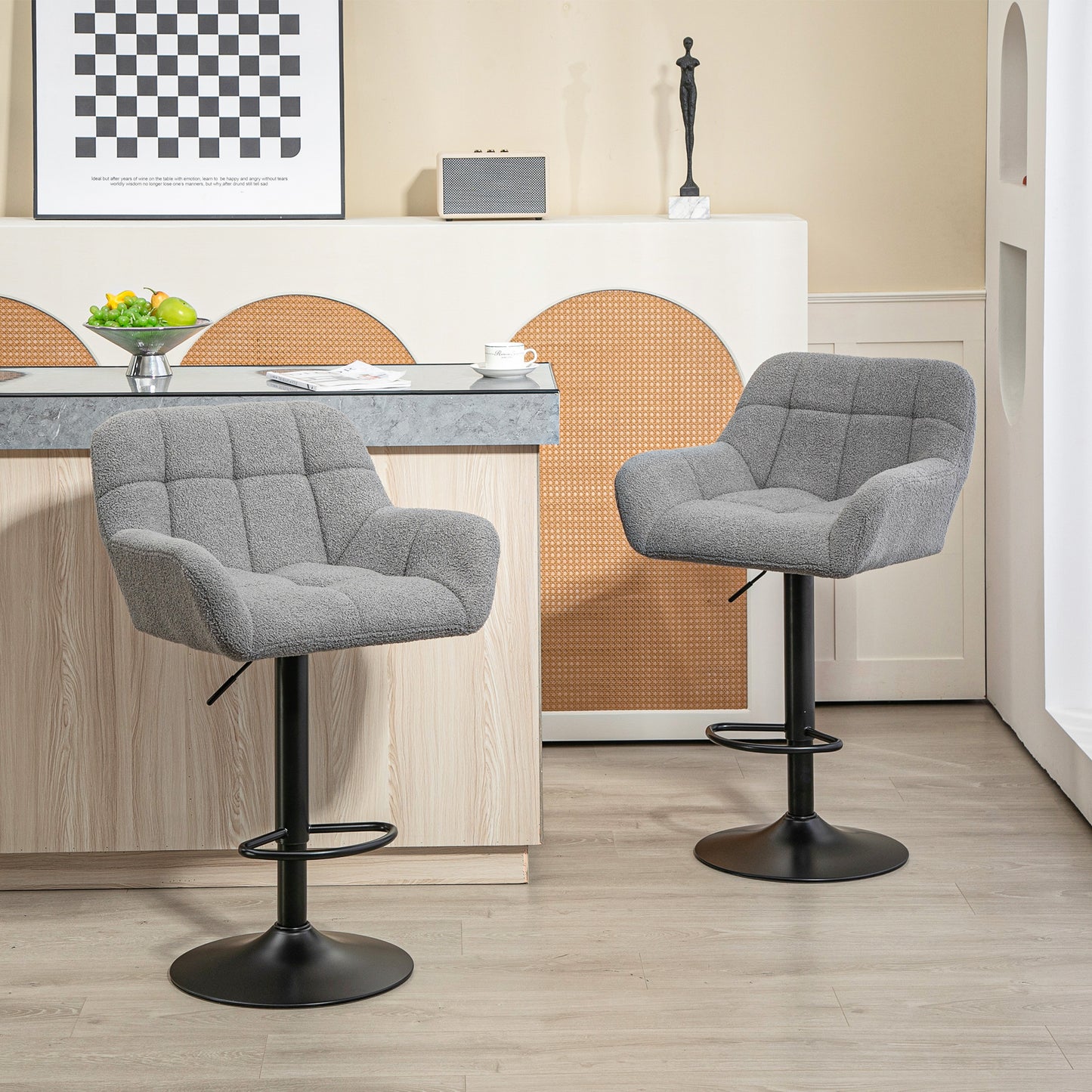 HOMCOM Barhocker 2er-Set Retro-Design höhenverstellbar Fleece-Optik Grau + Schwarz