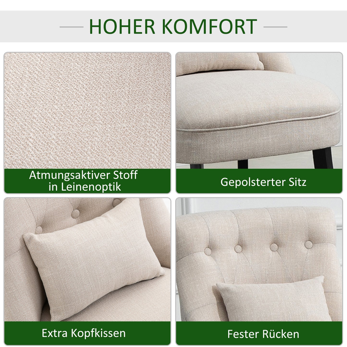 HOMCOM Weicher Polstersessel mit Rückenkissen, zum Lesen und Ausruhen, Stoffbezug in Leinenoptik, 52,5 x 69 x 77 cm, Cremeweiß