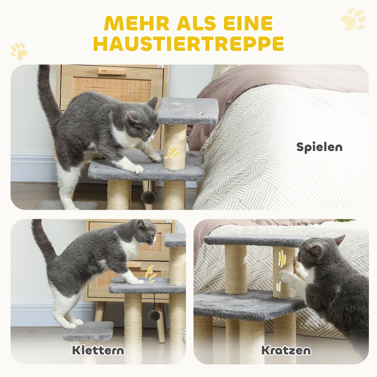 PawHut Hundetreppe 3 Stufen 54 cm Hoch Haustiertreppe für Kleine Hunde Katzentreppe mit Sisal Kratzbäumen, Spielball