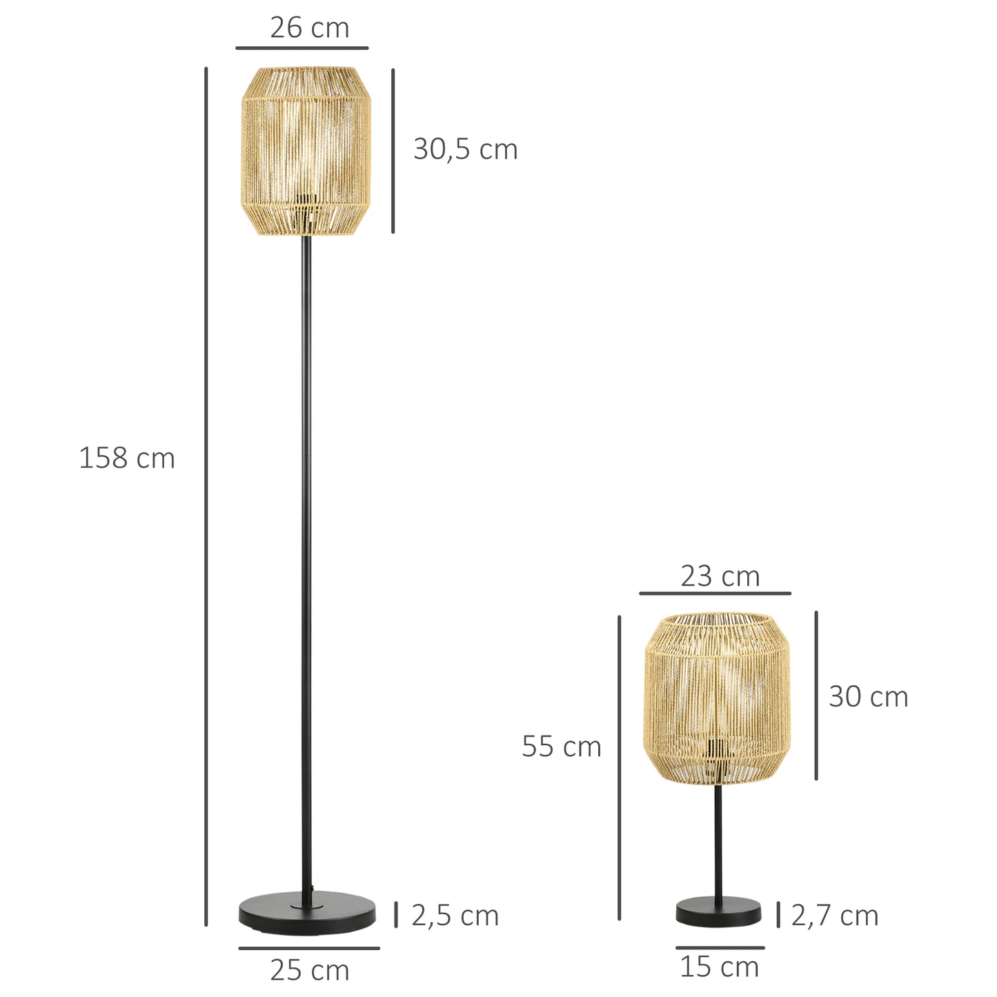 HOMCOM 2-teiliges Leuchten-Set. 1 Stehleuchte, 1 Tischleuchte, 38 cm x 38 cm x 158 cm, Natur + Schwarz