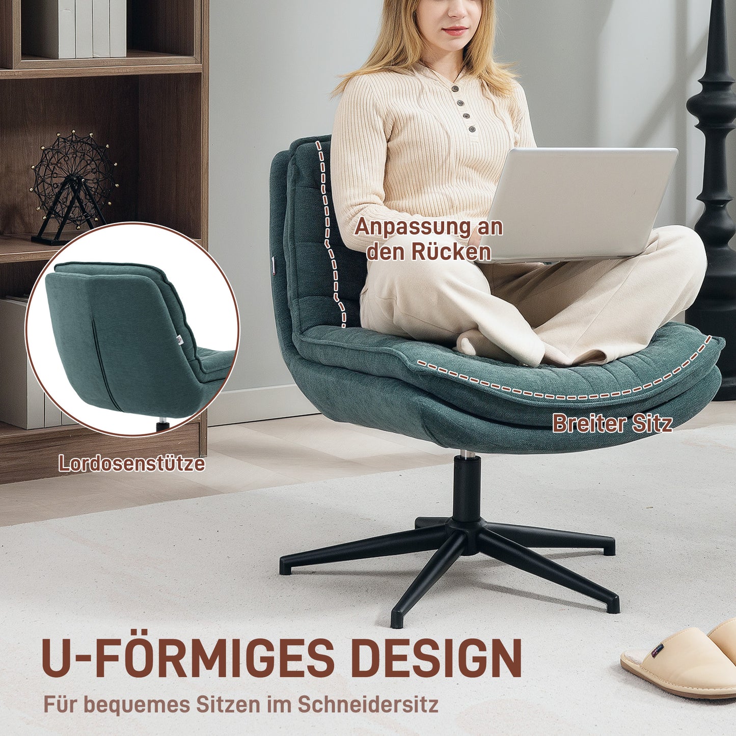 HOMCOM Drehbarer Bürostuhl mit breitem Sitz, Geräumiger Polsterstuhl fürs Büro, Arbeitszimmer, Dunkelgrün