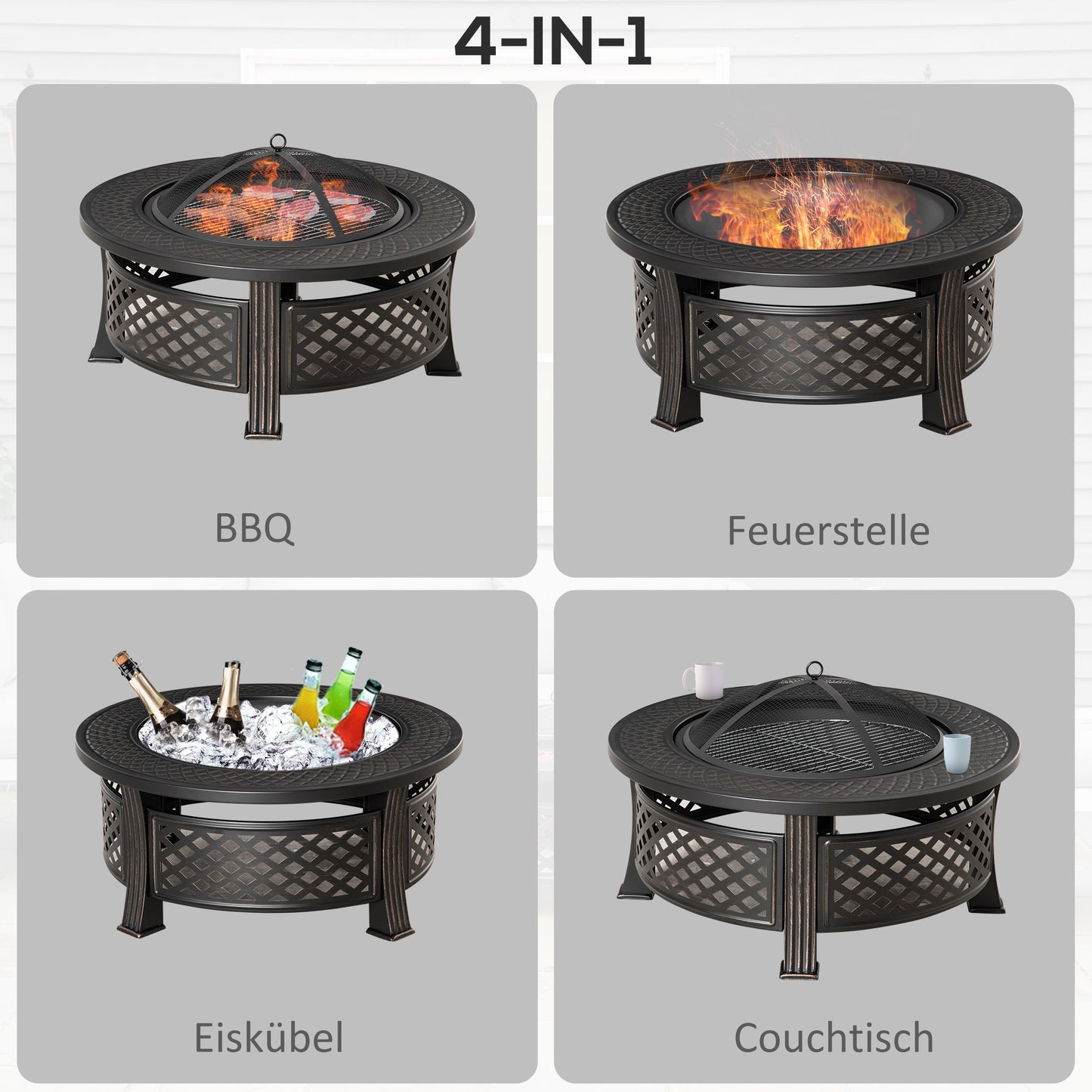 Outsunny Feuerschale mit Schürhaken Funkenschutz Feuerkorb Feuertisch rund Feuerstelle für Garten Camping BBQ Stahl Schwarz 81 x 81 x 50 cm