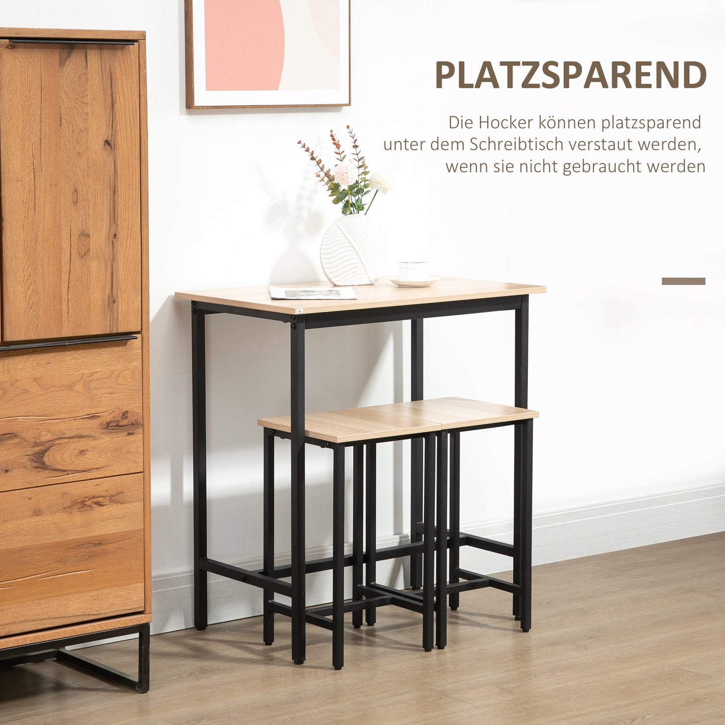 HOMCOM Bartisch-Set im Industrie-Design, 3-teilig, 1 Tisch, 2 Hocker, Schwarz + Natur