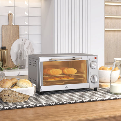 HOMCOM Minibackofen, 9 L Mini-Ofen mit Backblech, Grillrost, mit einstellbarer Temperatur und Garzeit, Edelstahl, Silber