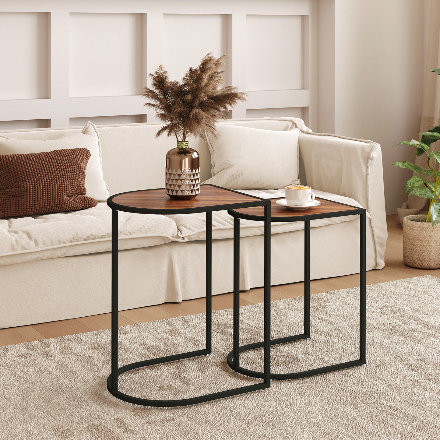 HOMCOM Satztisch-Set، Beistelltische، Metallrahmen، Tischplatte in Holzoptik، براون