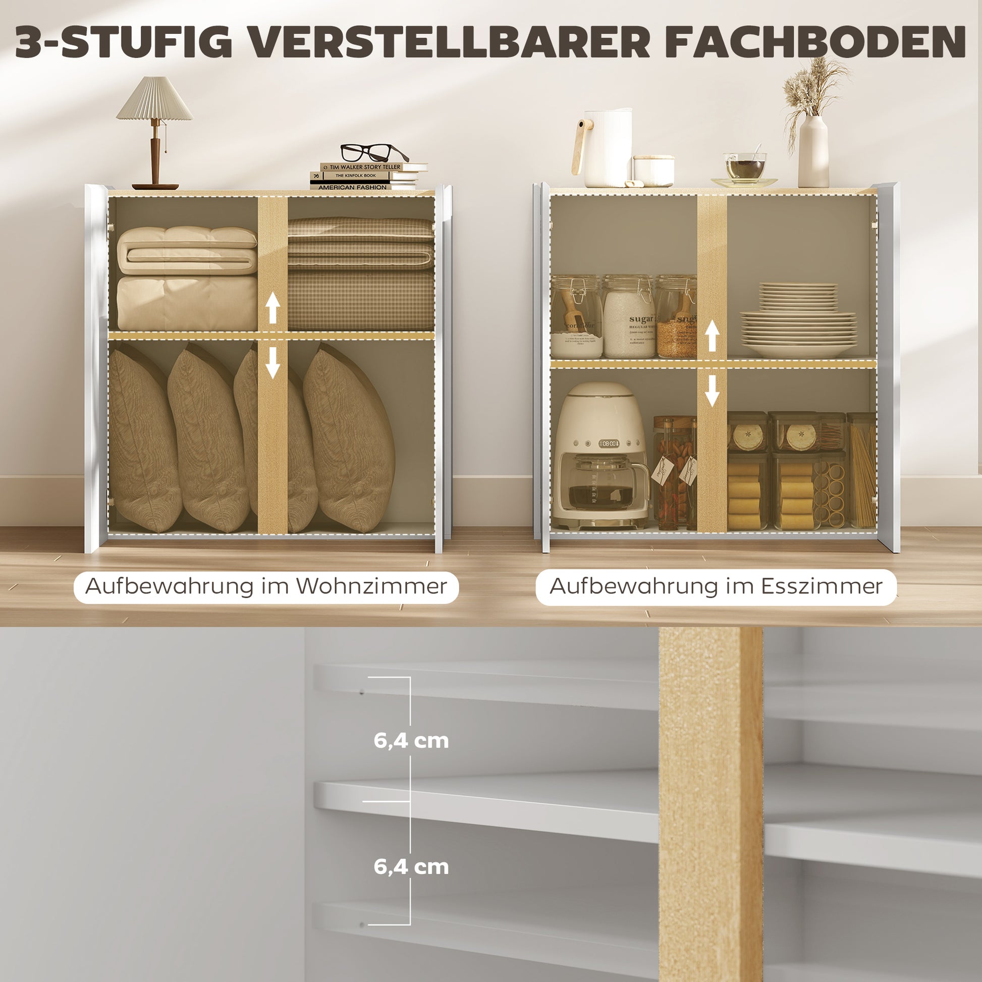 HOMCOM Kommode, Sideboard mit Soft-Close-Türen, anpassbares Regal, für Wohnzimmer, Küche, Esszimmer, Weiß