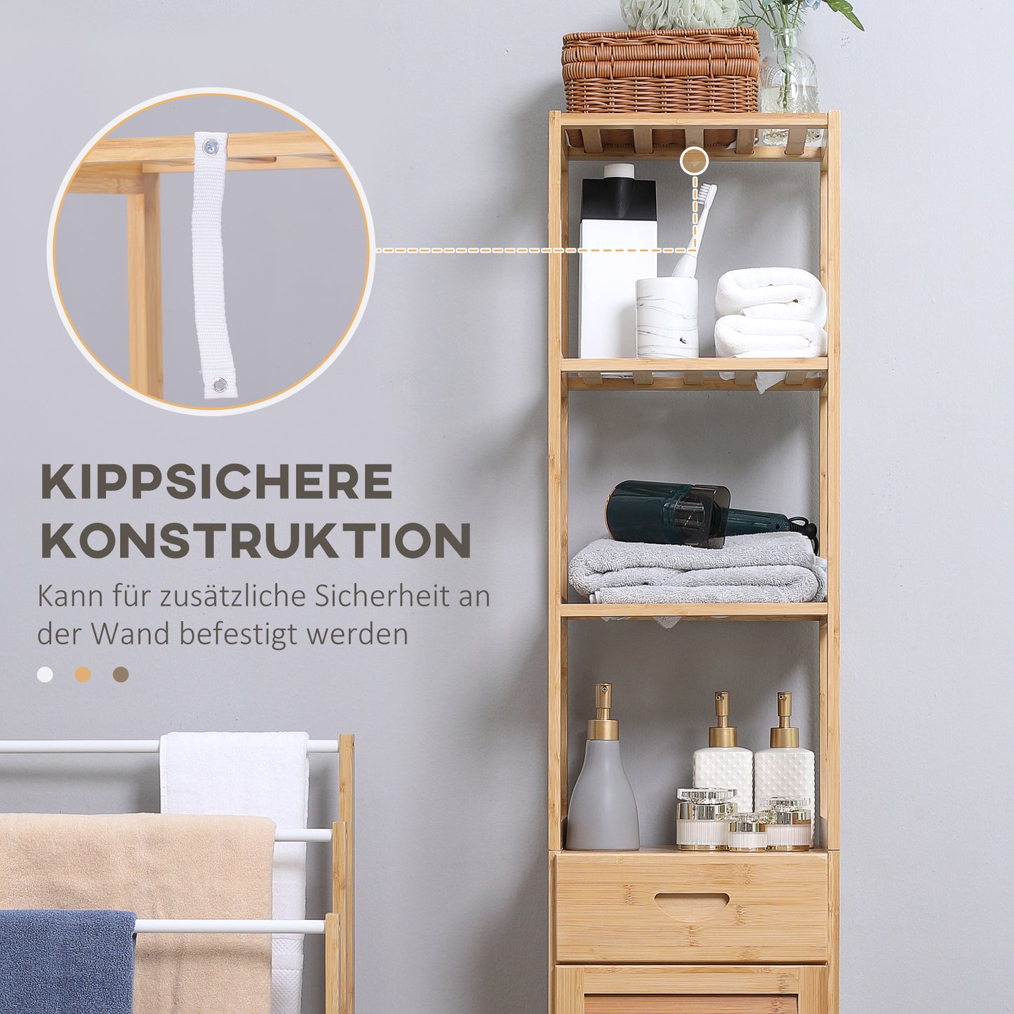 kleankin Badezimmerregal, 3 offene Fächer, Schublade, Lamellentür, Bambus, 32 x 30 x 163 cm
