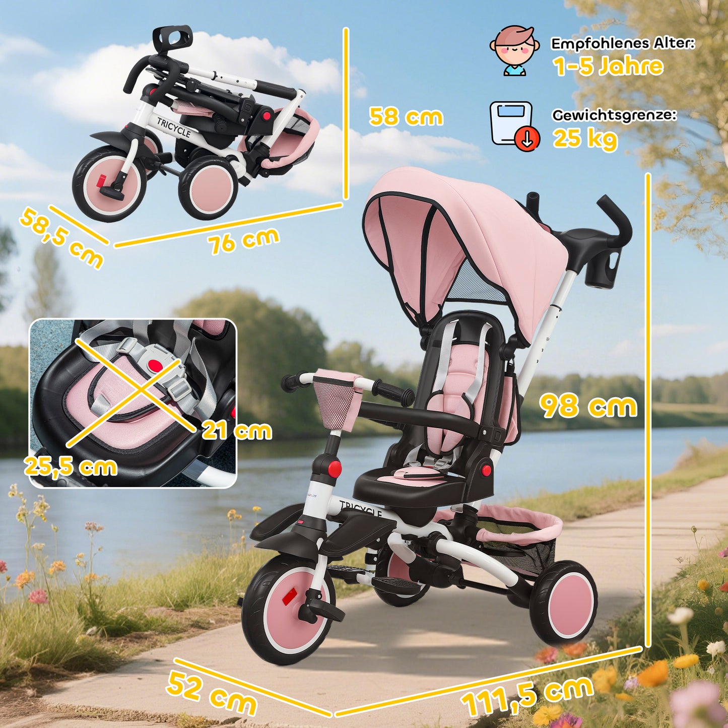 AIYAPLAY Kinderdreirad, 6-in-1 Buggy für Kleinkinder, mit Schiebegriff, verstellbarer Sitz, faltbares Design, Sicherheitsnetz