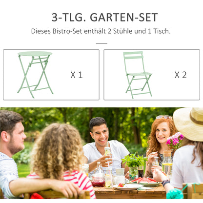Outsunny Gartenset für 2 Personen Garnitur Balkonmöbel Set Bistrotisch mit 2 Stühlen für Hof Garten klappbar Grün