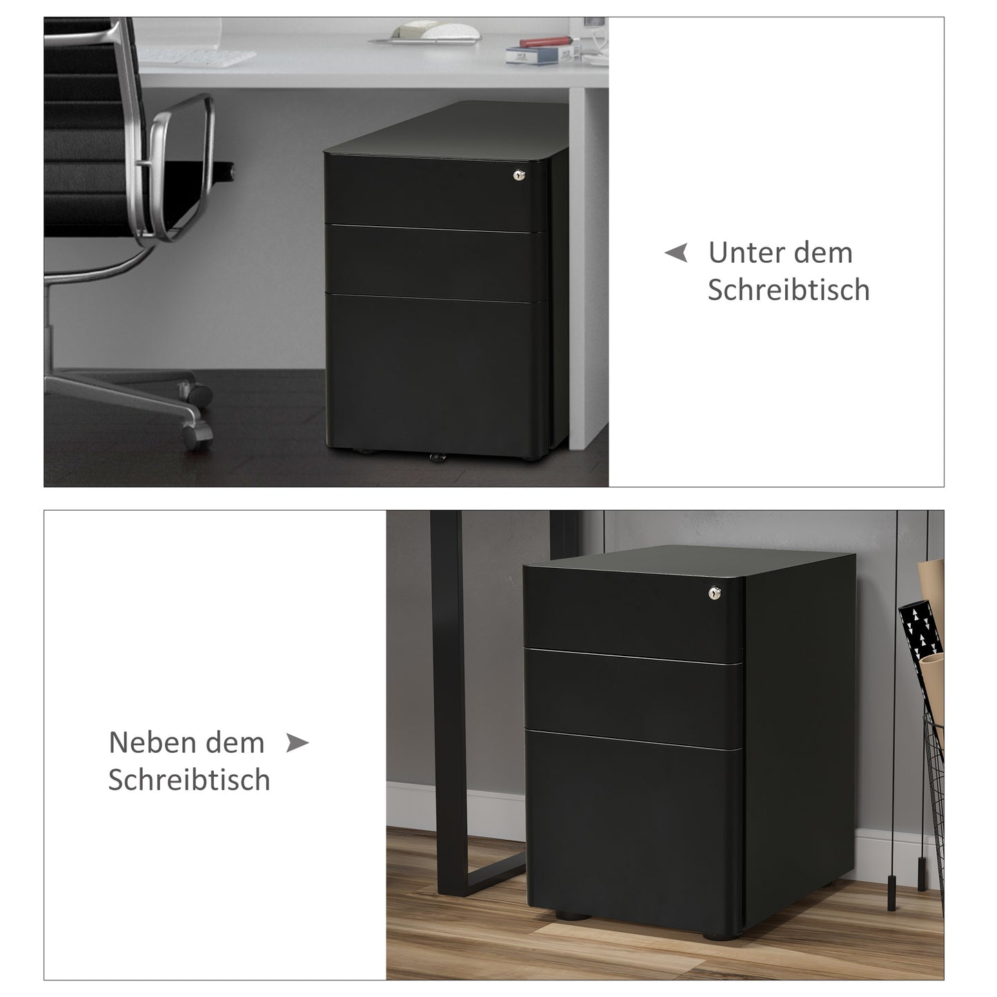 Vinsetto Rollcontainer mit 3 Schubladen mobiler Aktenschrank mit Rollen abschließbar Büroschrank mit Hängeregistratur Stiftfach, Bürocontainer für Büro, Homeoffice, 39 x 48 x 59 cm Schwarz