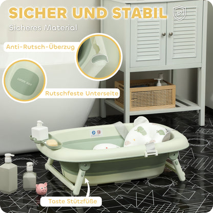 AIYAPLAY Babybadewanne, faltbar, rutschfester Boden, Elefanten-Badekissen, 86 x 53 x 25,5 cm, Grün