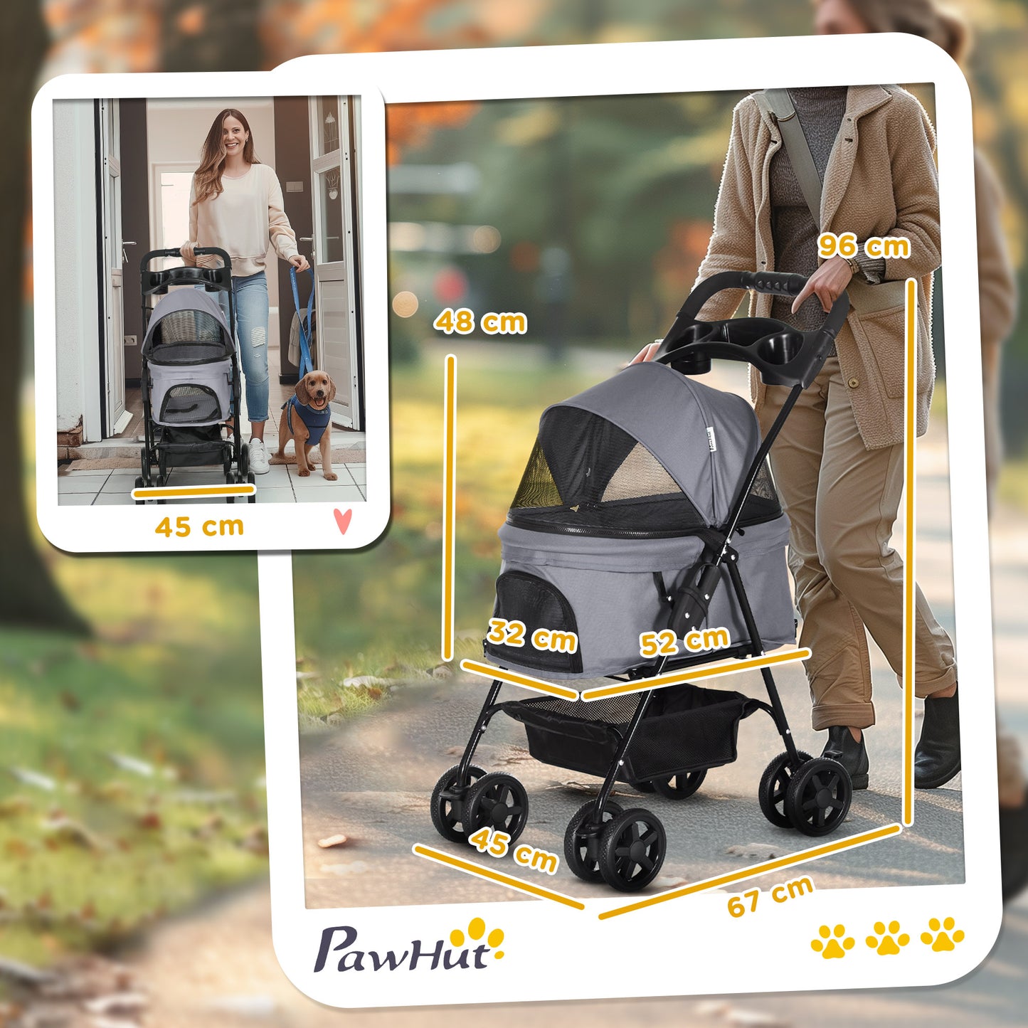 PawHut Hundebuggy Hundewagen bis 4 kg Klappbar Netzfenster Bodenkorb Becherhalter abnehmbares Dach grau 67 x 45 x 96 cm
