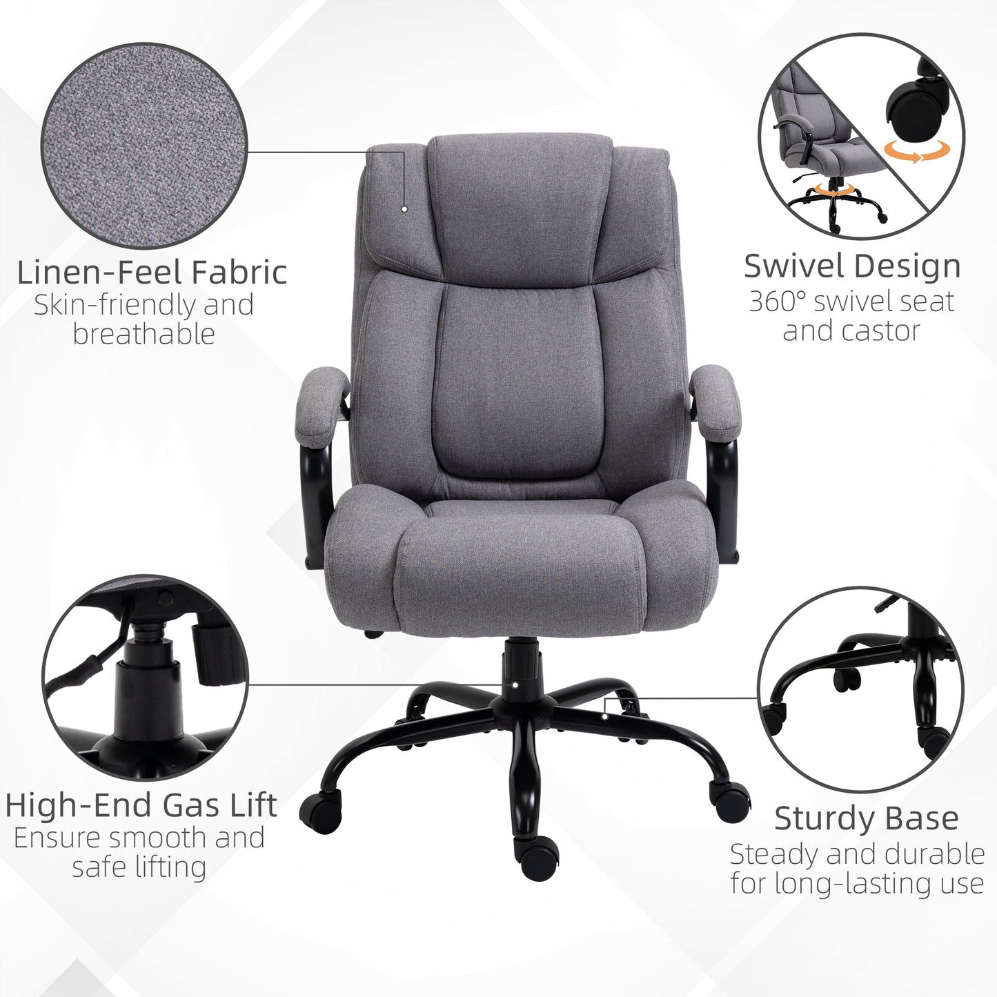 Vinsetto Bürostuhl, Ergonomischer Chefsessel bis 220 kg belastbar, Gepolsterter Schreibtischstuhl mit Armlehne, breit Sitz, Höhenverstellbarer Drehstuhl mit Wippfunktion, Leinenoptik, Hellgrau