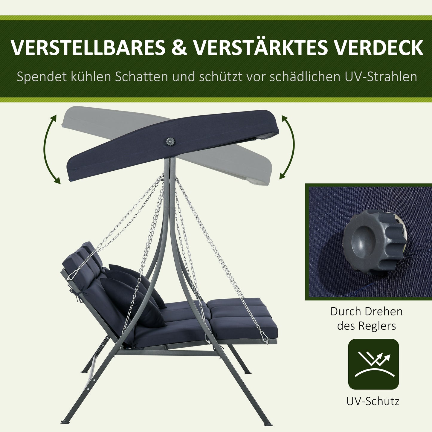 Outsunny Hollywoodschaukel Gartenschaukel, 3 Personen, verstellbares Sonnendach, 198 x 118 x 168 cm, Dunkelgrau
