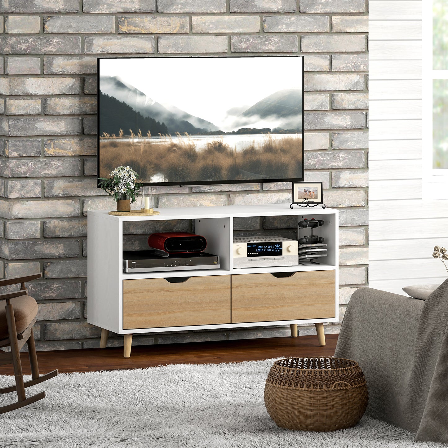 HOMCOM TV-Schrank, TV-Kommode mit Schubladen, Offene Regale, Holz, 99 x 39 x 58 cm, Weiß