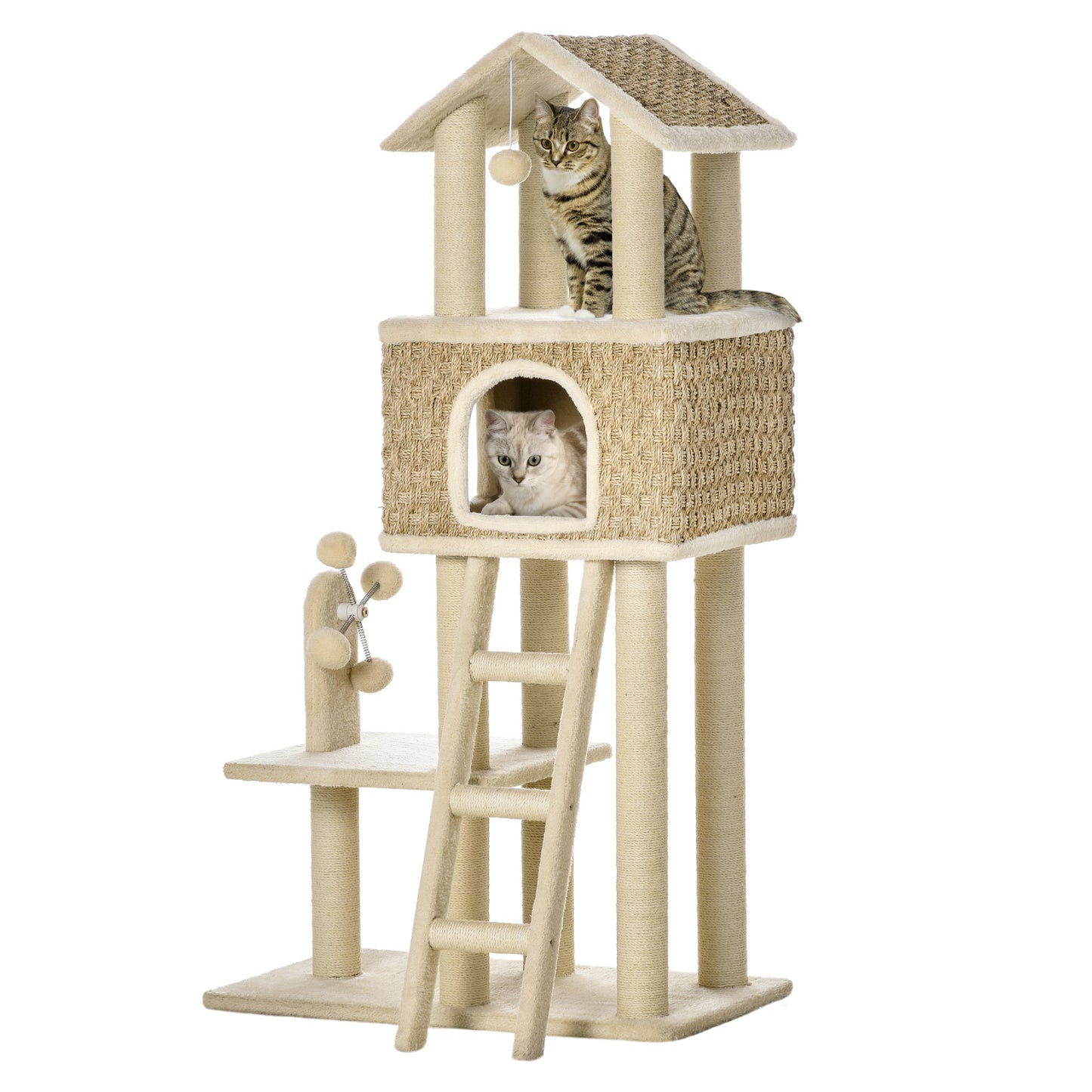 PawHut mit Katzenhöhle inkl. Spielzeug Sisal Plüsch Khaki + Beige + Kaffee