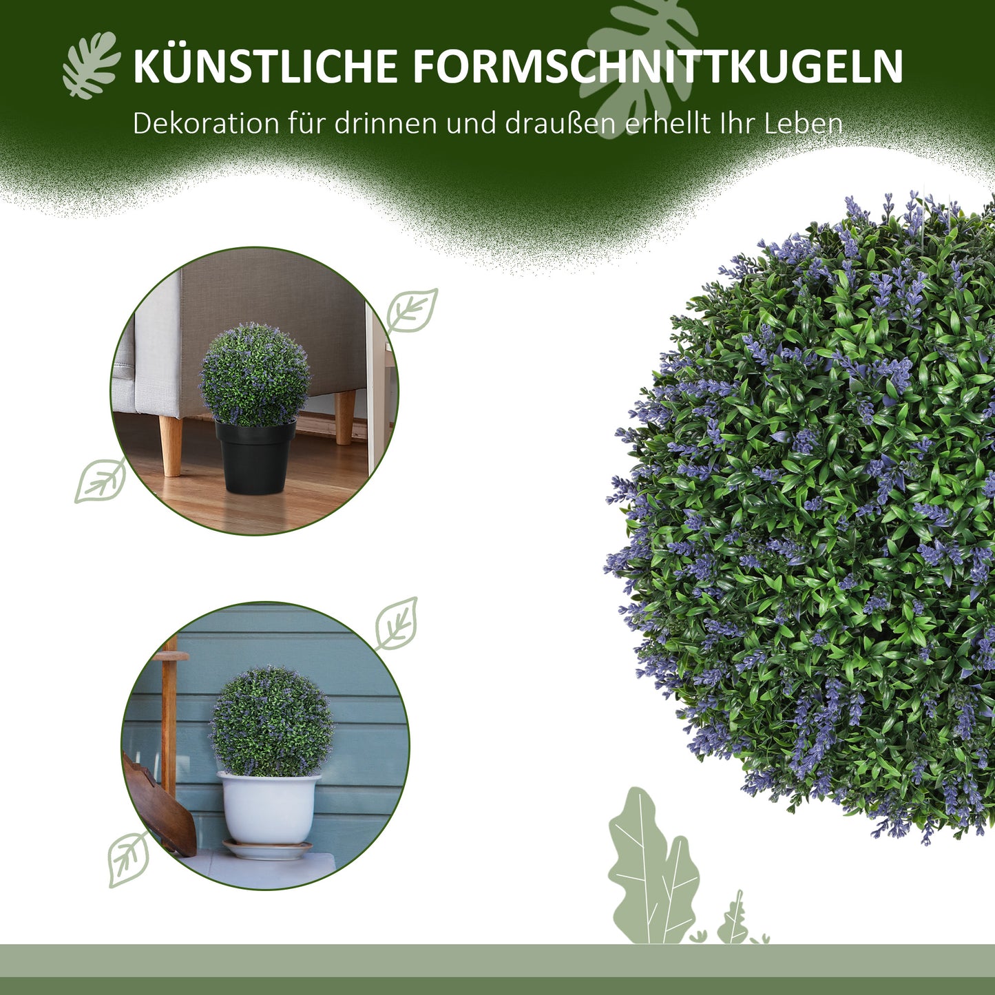 HOMCOM 2er-Set künstliche Pflanzen in Kugelform, UV-beständig, Kunstpflanzen für Indoor- und Outdoor-Bereich, 42 cm, Grün+Lila