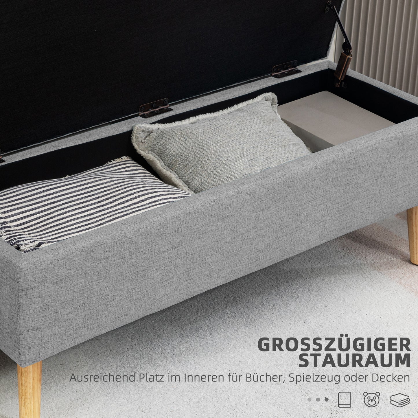 HOMCOM Polsterbank mit Stauraum, Bezug in Leinenoptik, Kautschukholzbeine, bis 220 kg, 110x39x45cm, Grau