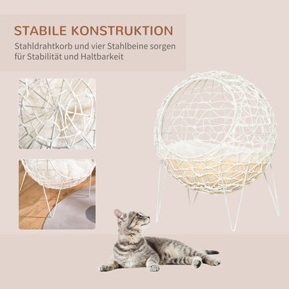 Pawhut Rattan Katzenkorb Katzenhöhle Katzenhütte Katzenbett mit Kissen erhöhtes Design Haustierbett Cremeweiß Ø45 x 57H cm