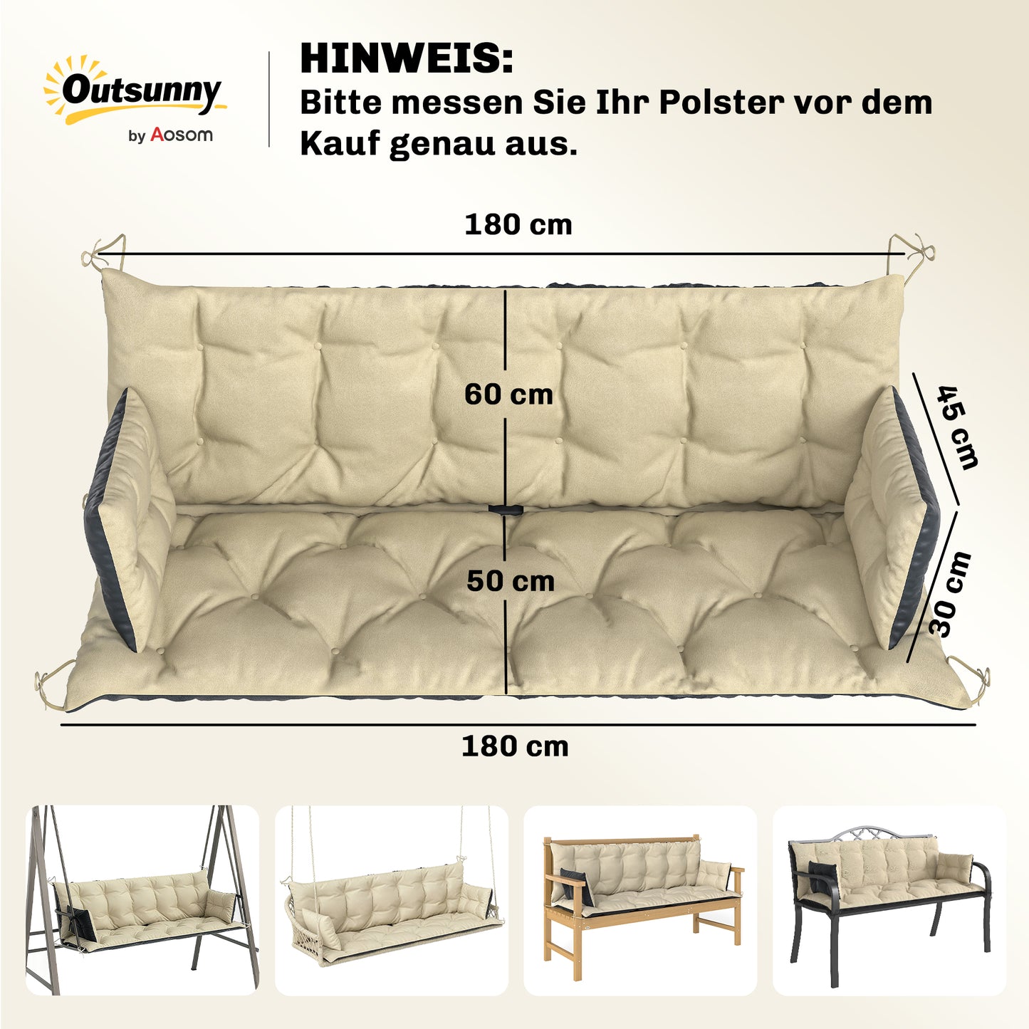 Outsunny Outdoor-Kissen-Set für Bank oder Hollywoodschaukel, zweifarbig, Polyester, Schaumstoff, 180 x 110 x 8 cm, Beige+Schwarz