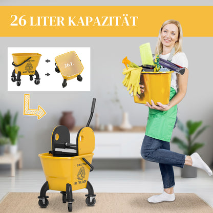 HOMCOM Rollbarer Mopp-Eimer، Wischeimer mit Auswringer und Mopp، 26 لتر، جيلب
