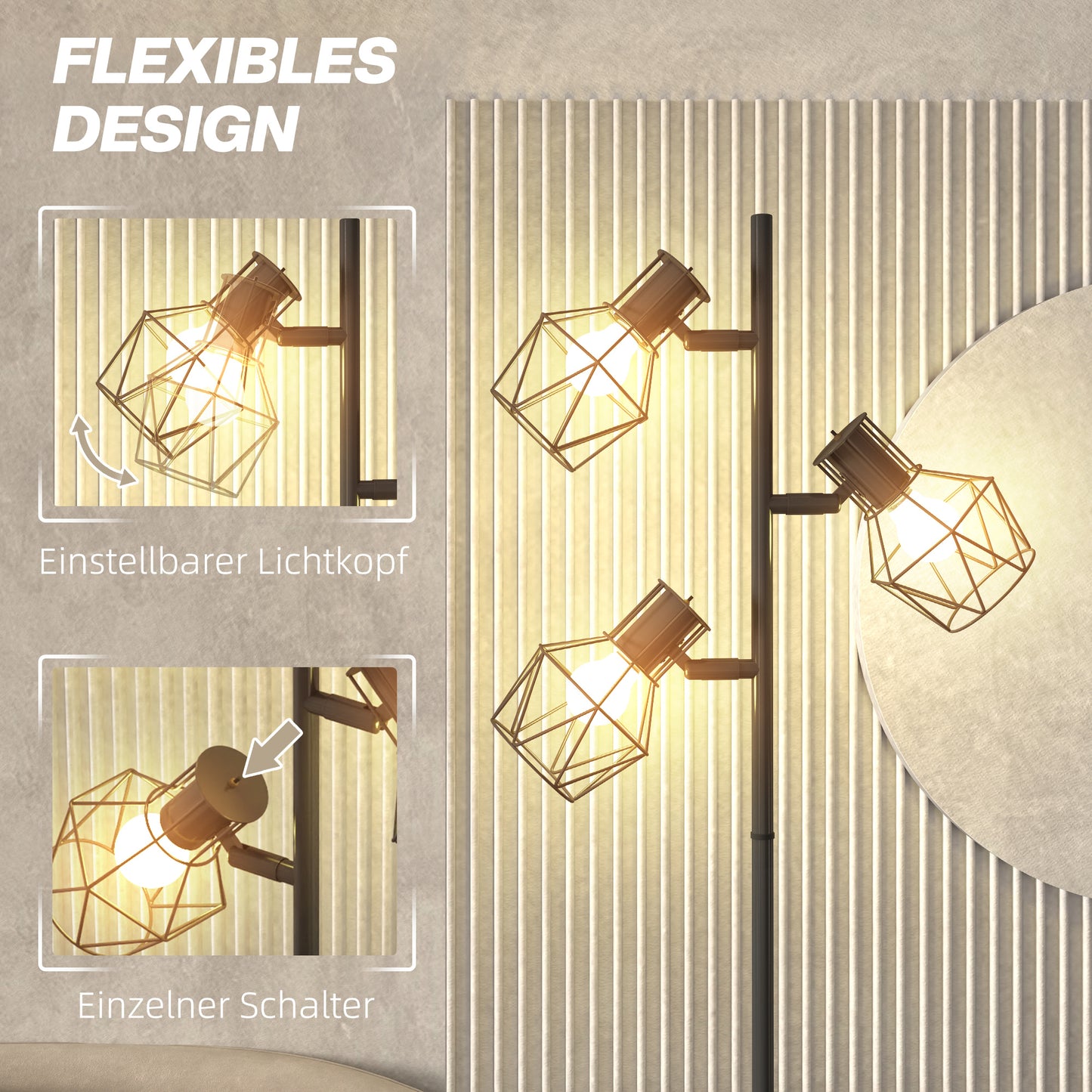 HOMCOM 3-Licht-Stehlampe mit flexiblen Leuchtelementen, baumähnliche Struktur, für Wohnzimmer und Schlafzimmer, Metall, Schwarz