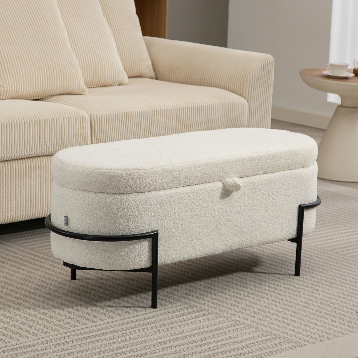 HOMCOM Aufbewahrungs-Hocker, Sitzhocker mit Deckel und Stauraum, Stahlbeine, Polsterhocker mit Fleece-Bezug, Cremeweiß