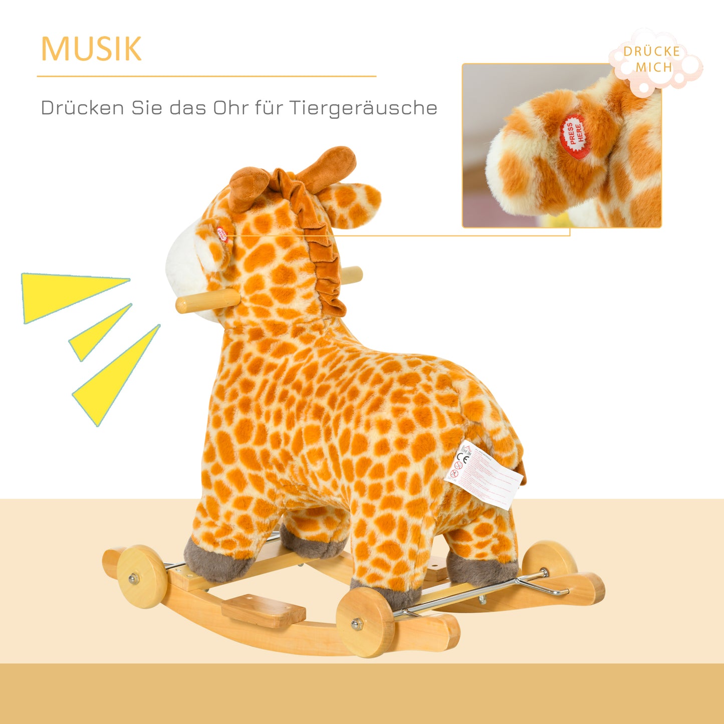 HOMCOM 2-IN-1 Schaukeltier Giraffen mit Sound Effekt, Räder , Haltegriffen Plüsch Baby Schaukelspielzeug Schaukel Schaukelsitz für Kleinkinder 3-6 Jahre