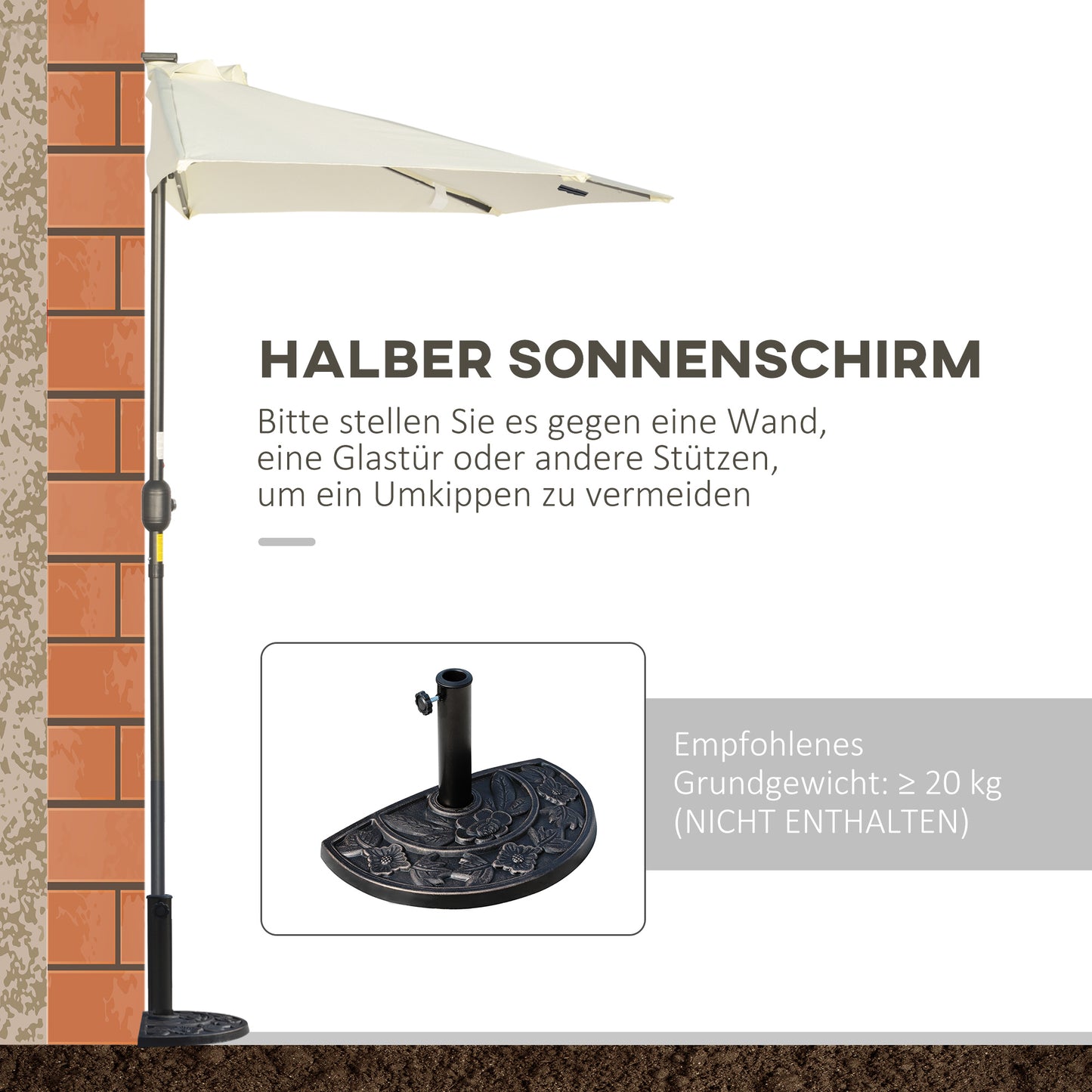 Outsunny Sonnenschirm، Terrassenschirm، halbrund، mit Solarpaneel، 20 LEDs، Handkurbel، بيج، 2,70 x 1,35 x 2,40 م