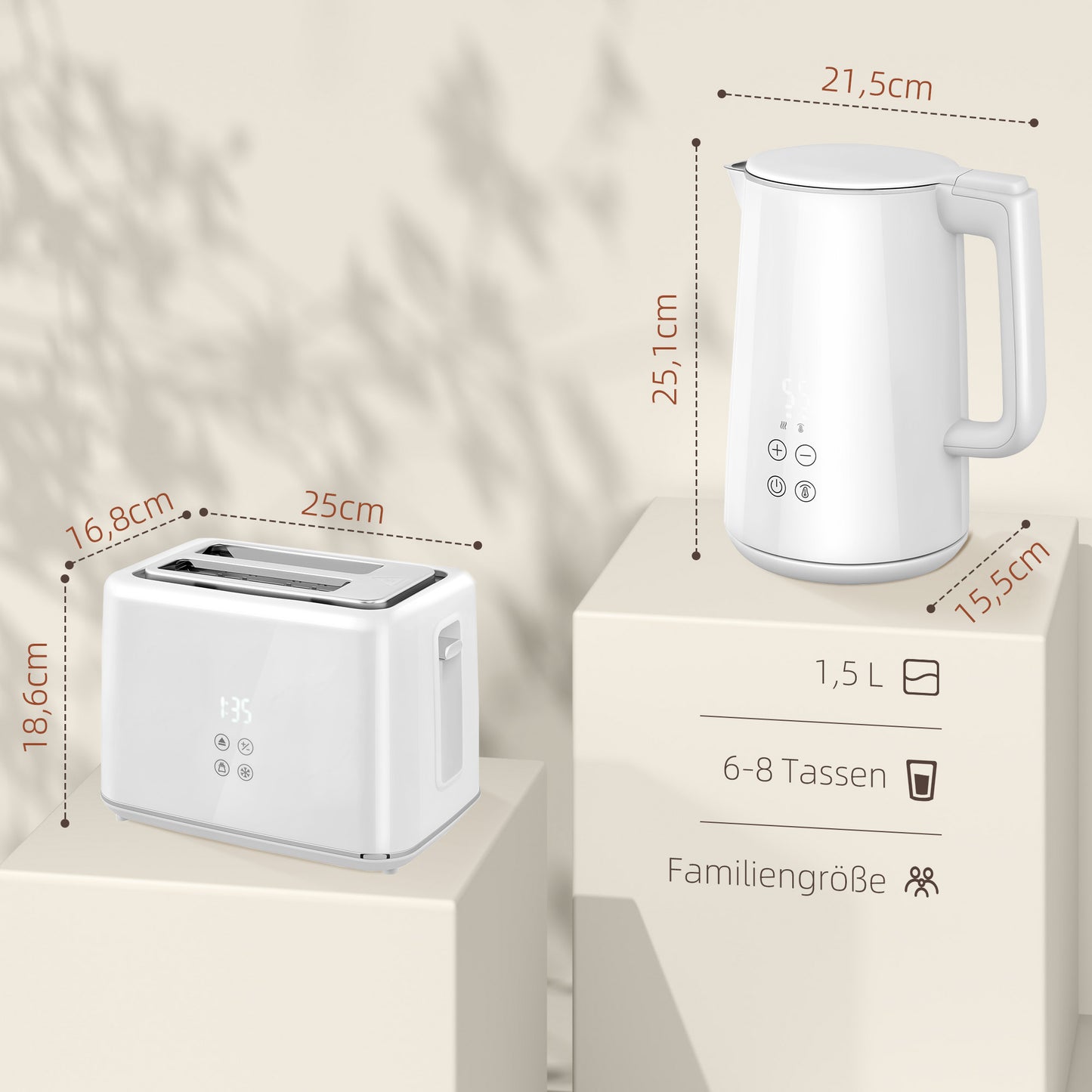 HOMCOM Küchenset mit Wasserkocher und Toaster, 7 Bräunungsstufen, schnelles Kochen, Edelstahl, Kunststoff, Weiß