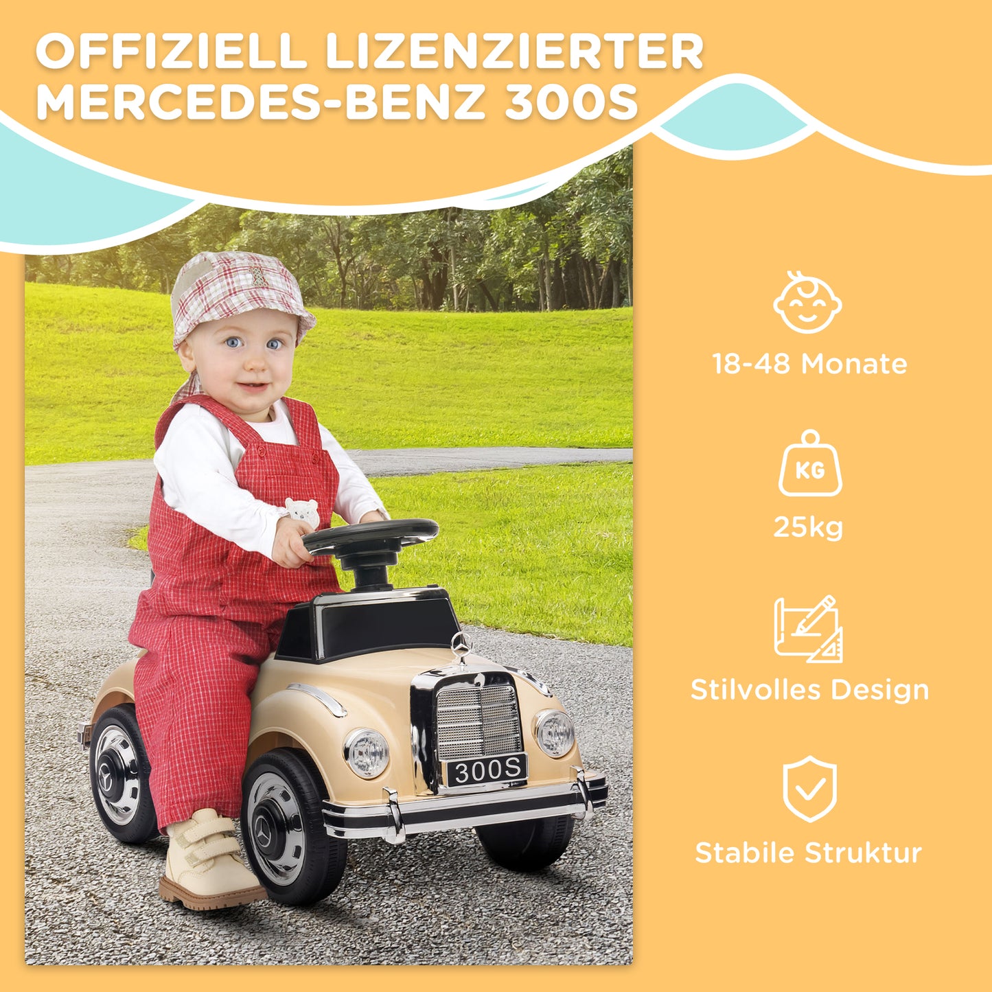 AIYAPLAY Rutscher Kinderauto Mercedes Benz Design 300 S Design, Beige
