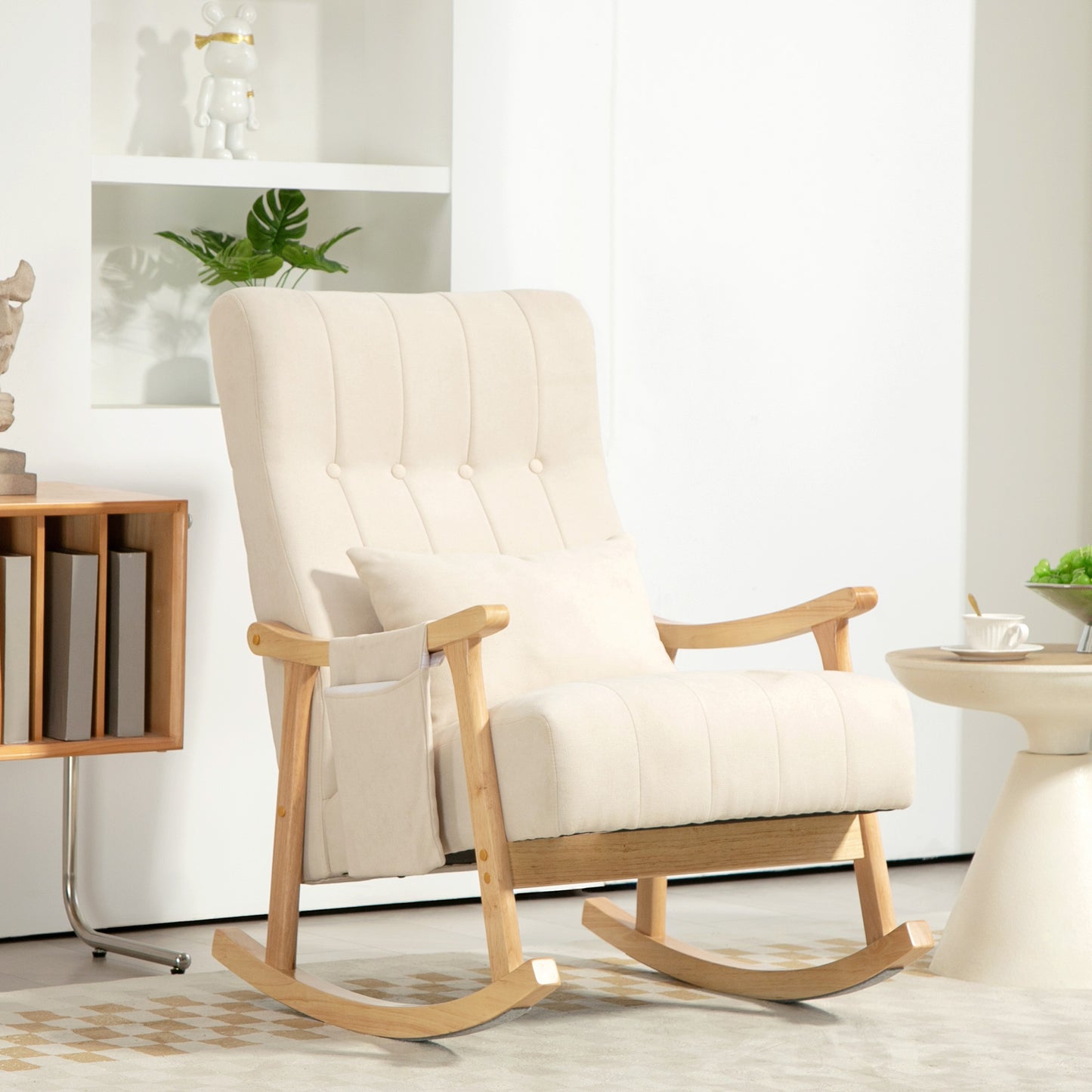 HOMCOM Schaukelstuhl mit Nierenkissen, breiter Sitz, Kautschukholzrahmen, bis 120 kg, Beige
