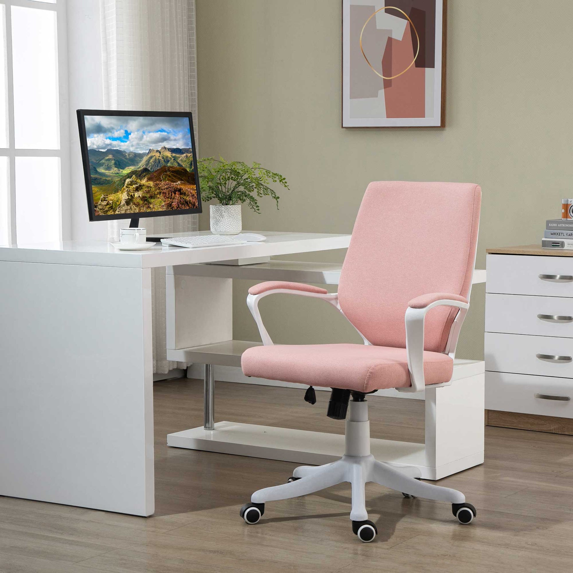 Vinsetto Bürostuhl Schreibtischstuhl Home-Office-Stuhl mit Wippenfunktion Rückenlehne höhenverstellbarer dick gepolstert ergonomisch 360°-Drehräder Polyester Nylon PP Rosa+Weiß 62x69x92-100 cm