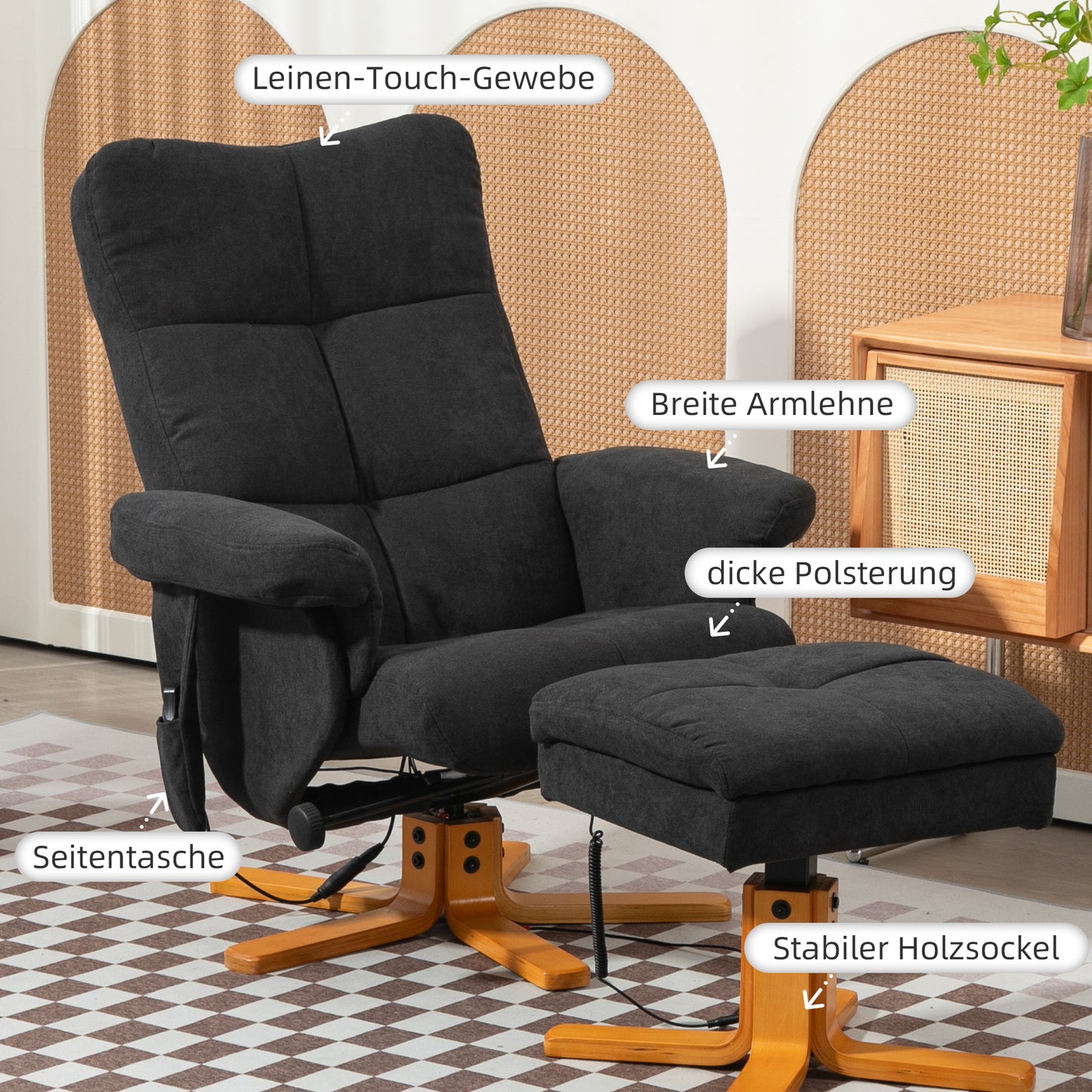 HOMCOM Massagesessel mit Liegefunktion und Fußhocker, 145°-Neigung, Polyester, 80 x 86 x 99 cm, Schwarz