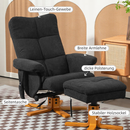 HOMCOM Massagesessel mit Liegefunktion und Fußhocker, 145°-Neigung, Polyester, 80 x 86 x 99 cm, Schwarz