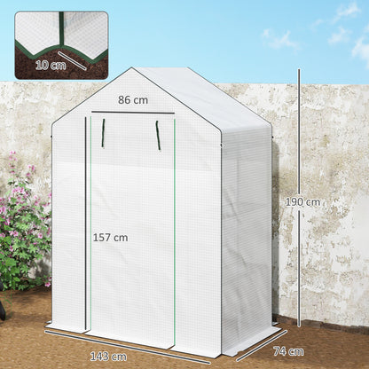 Outsunny Gewächshaus mit Regalen, Mini-Treibhaus, UV-beständig, Netzfenster, Reißverschlusstür, 143L x 74B x 190H cm, Weiß