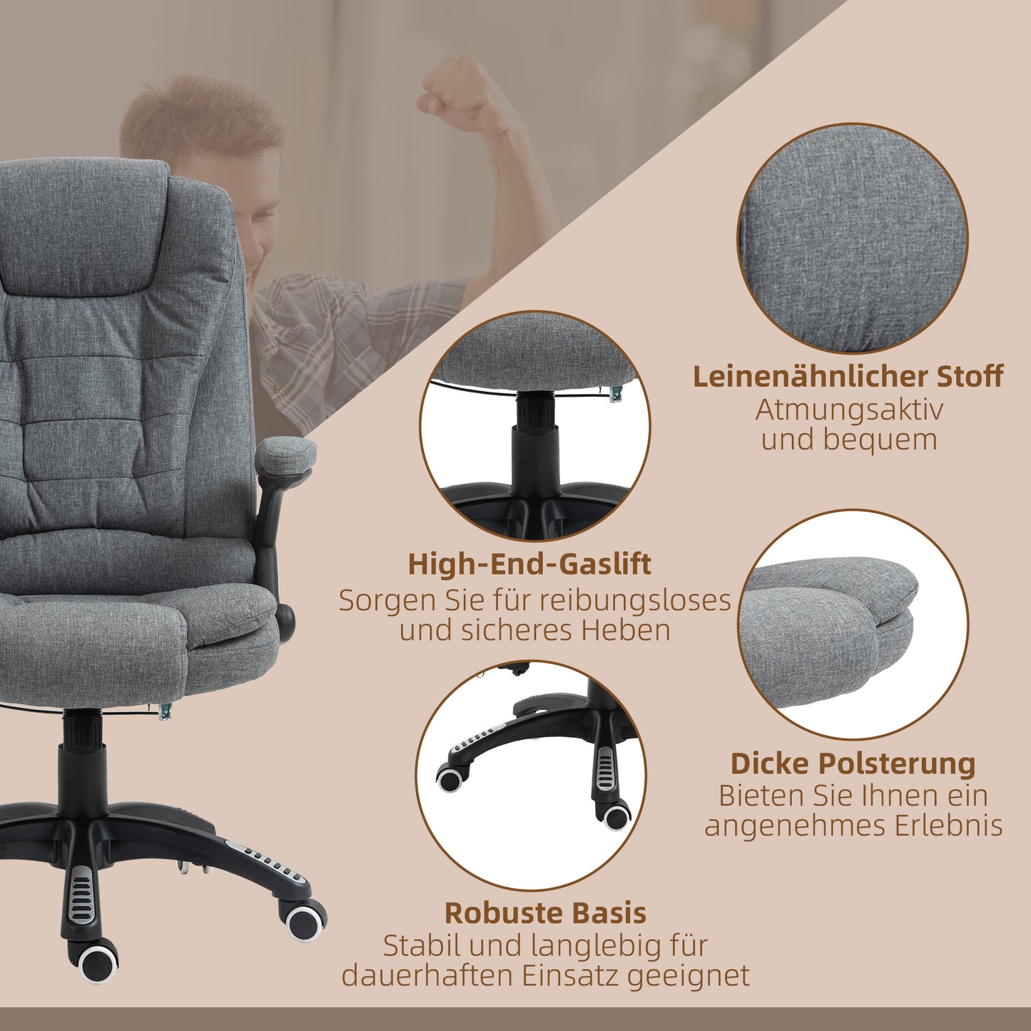 Vinsetto Bürostuhl Massagesessel mit Wärmefunktion, Ergonomischer Chefsessel, Höhenverstellbarer Drehstuhl, Gamingstuhl mit Massage, Dunkelgrau, 68 x 72 x 110–120 cm