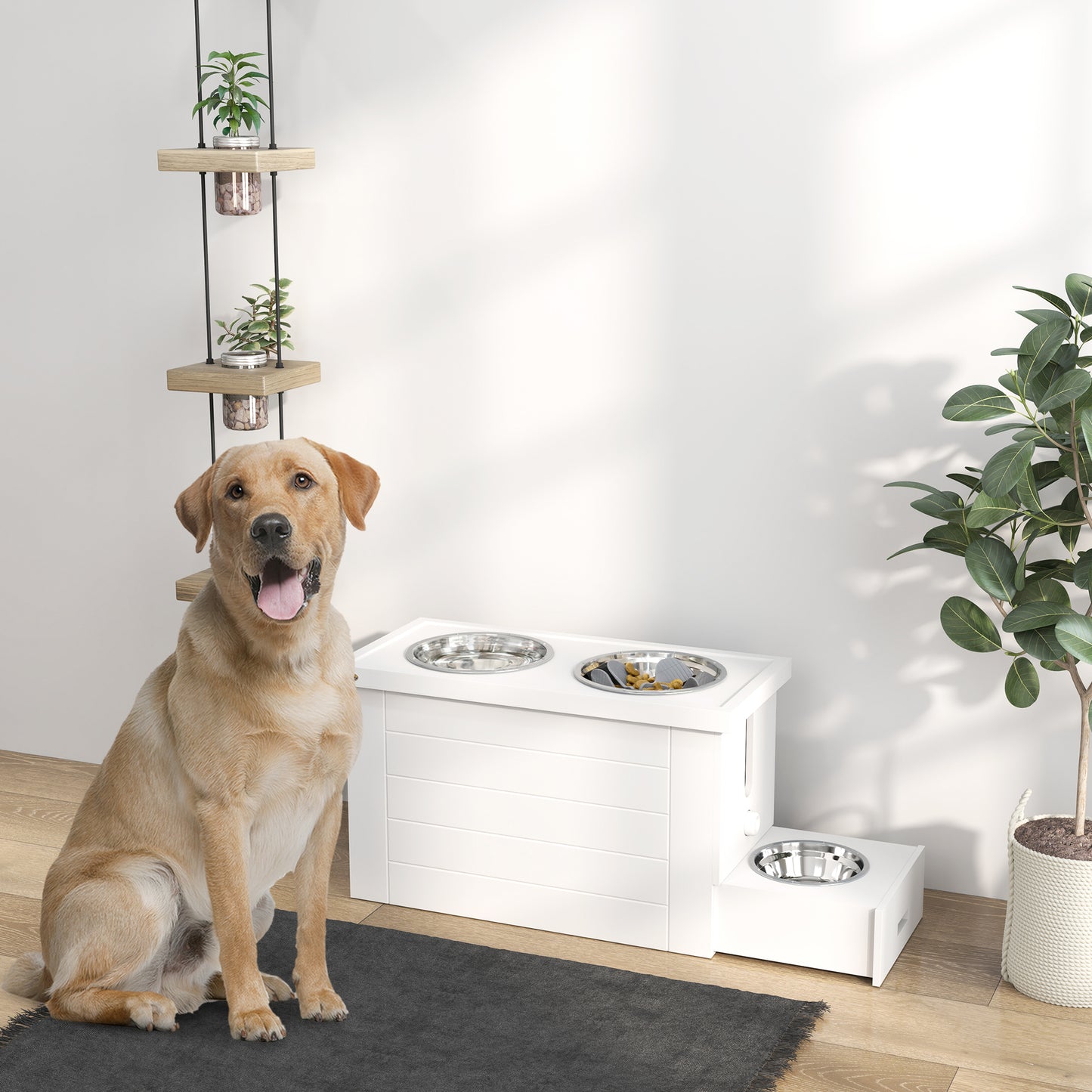 PawHut 2-in-1 Erhöhter Hundenapf Höhenverstellbar Futternapf mit Ständer 2 x 2L Edelstahlnäpfen Weiß