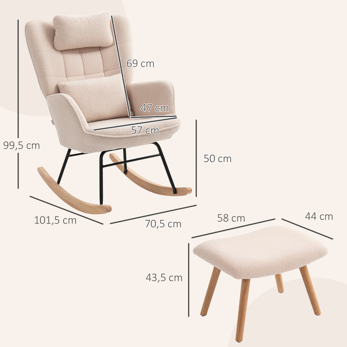 HOMCOM Schaukelstuhl mit Fußhocker, weicher Fleece-Bezug, Holzbeine, Kissen, hohe Rückenlehne, Schaukelsessel, Beige