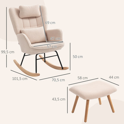 HOMCOM Schaukelstuhl mit Fußhocker, weicher Fleece-Bezug, Holzbeine, Kissen, hohe Rückenlehne, Schaukelsessel, Beige